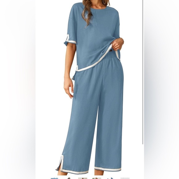 Two Piece Matching Womens Lounge Sets Wide Leg Short Sleeves new - Picture 2 of 5